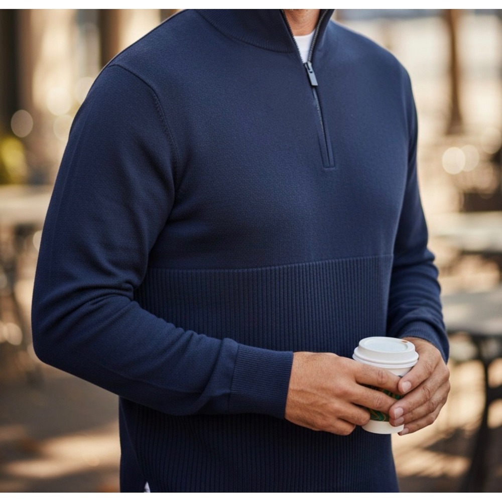 FLX Mens Premium Quarter Zip Sweater Navy Blue Ribbed Pullover XL Original $49